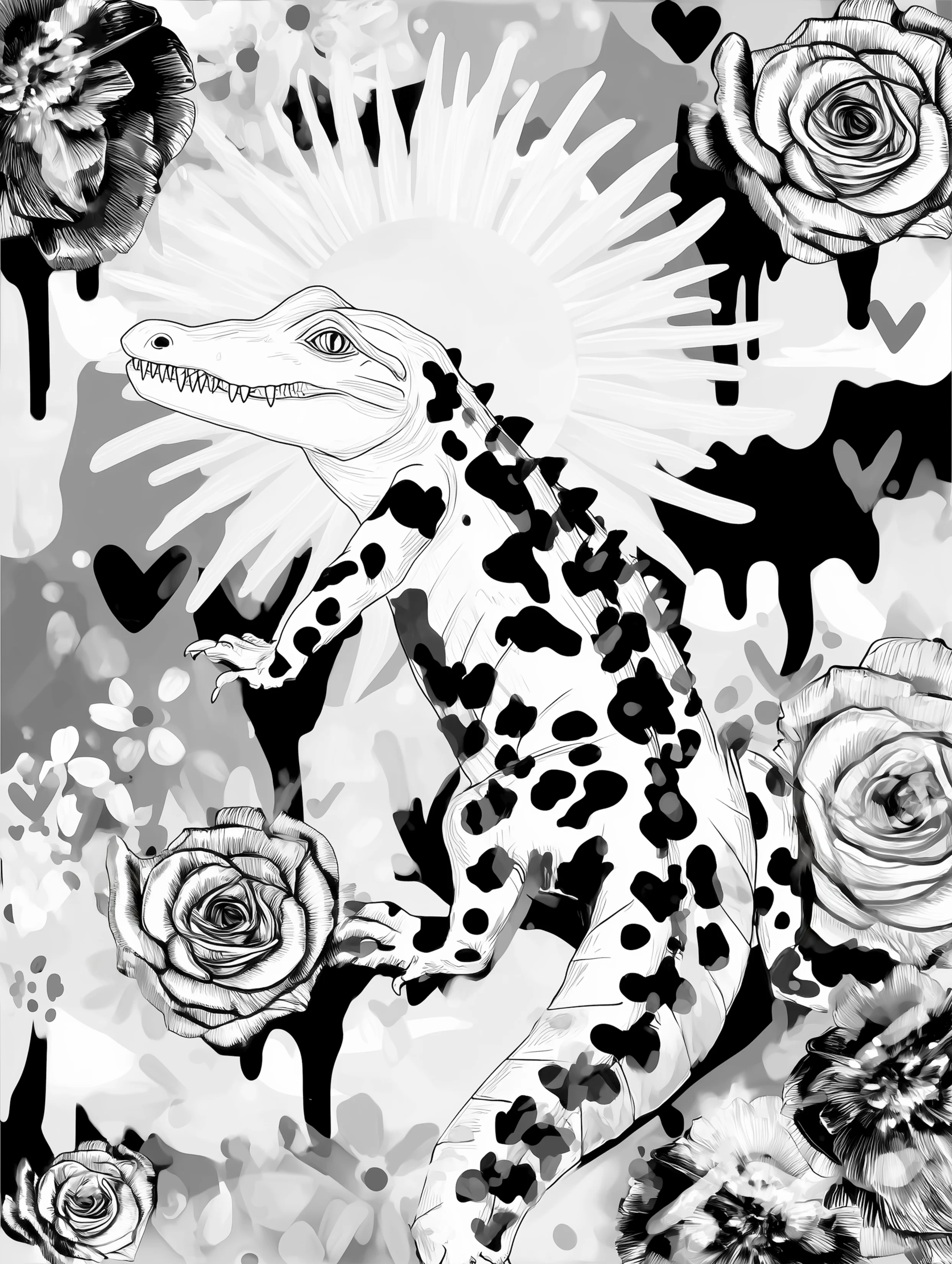 Free printable crocodile coloring pages for adults featuring sun behind crocodile